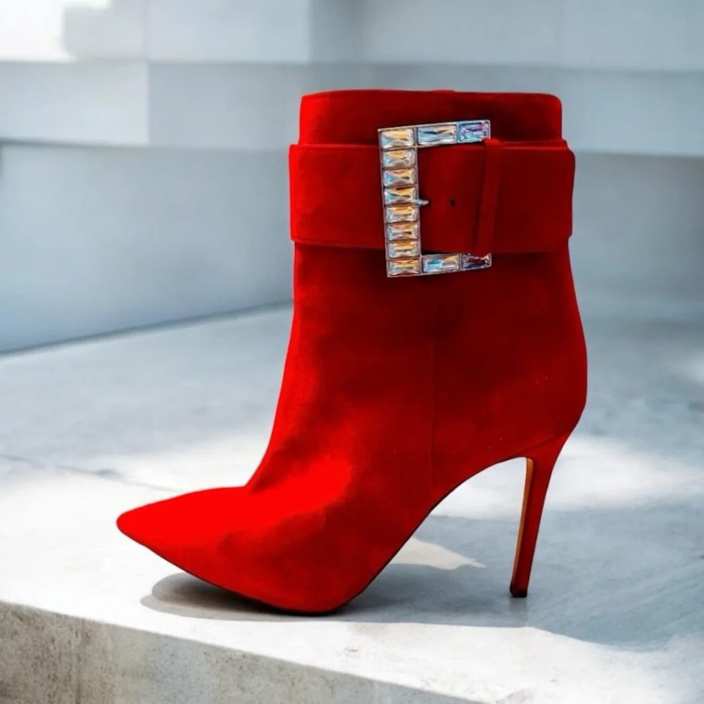 MICHAEL KORS Giselle JEWEL-Buckle Pointed-Toe Suede Ankle Boots - RED
